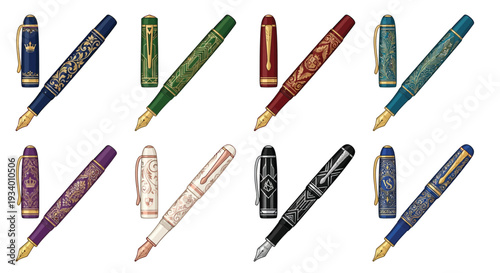 Collection of elegant fountain pens with intricate designs and various colors