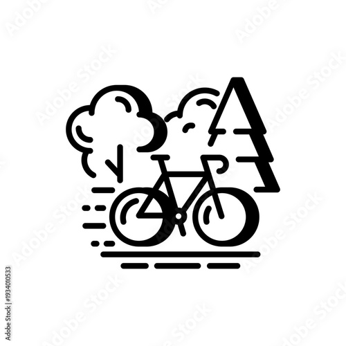 Bicycle in forest landscape icon, cycling, eco travel and outdoor adventure 