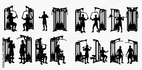 Collection of people exercising with gym equipment, fitness silhouettes, strength training, workout, and healthy lifestyle concept.