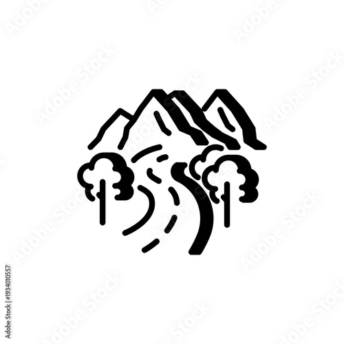 Mountains with hiking trail icon, trekking, nature exploration and outdoor adventure.