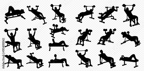 Set of people exercising with barbells and dumbbells on weight benches, fitness workout silhouettes.