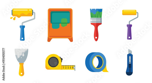 Colorful painting and repair tools arranged in a flat vector illustration