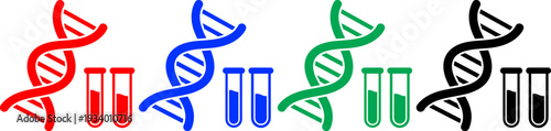 Dna helix with test tubes icons set in four colors for scientific research and genetic laboratory lab