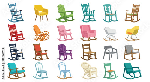 Collection of colorful rocking chairs and various seating arrangements