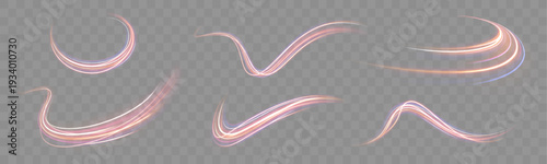 Abstract red optic fiber lines shimmer in curved paths. Glowing motion trails suggest rapid data transmission. High quality vector illustration isolated on transparent layer.