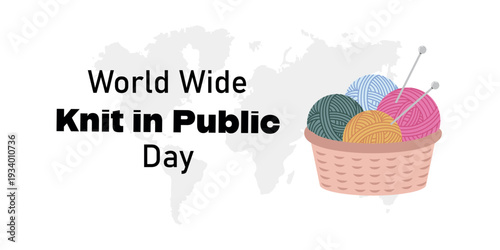 World Wide Knit in Public Day Banner with Yarn Basket and Knitting Needles