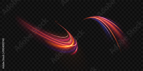 Crimson neon vortex spins with intense glowing edges. Motion lines and spark flares illustrate acceleration energy. Transparent PNG abstract illustration in cyber style.