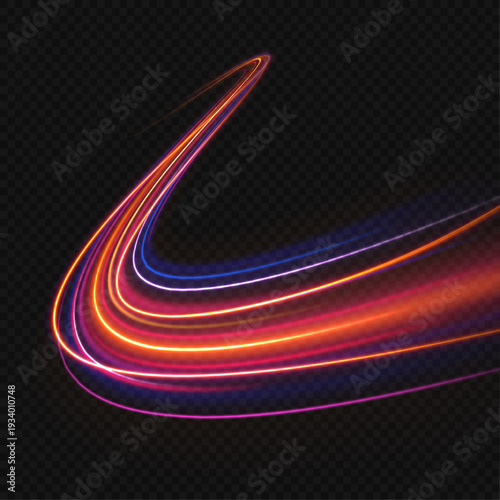 Bright crimson laser lines ripple along a dark urban highway. Motion waves and glowing streaks express chaotic high speed traffic. Futuristic vector background isolated on transparent layer.