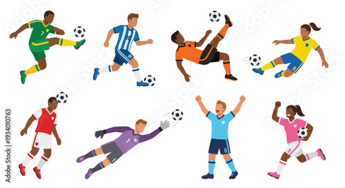 Diverse group of cartoon soccer players in dynamic action poses