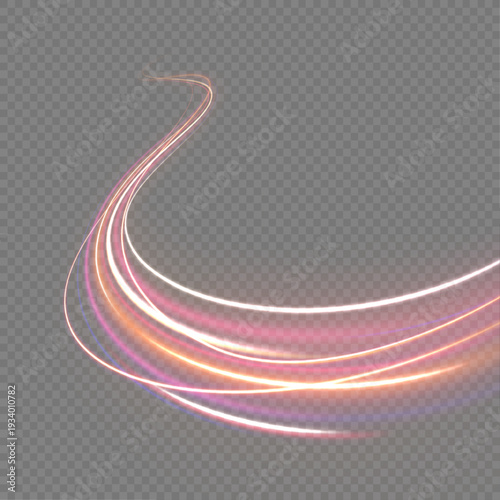 Shiny red neon curves form abstract speed symbol. Glowing ribbons and flare sparks highlight rapid movement. Vector PNG element isolated on transparent background.
