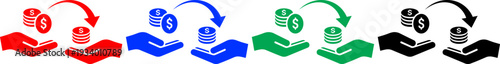 Red blue green black hand holding coins with arrow icon for finance and business concept vector
