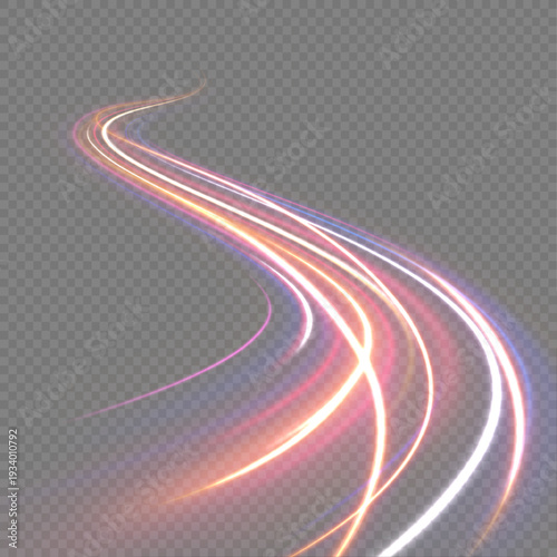 Fiery red neon stripes curve sharply across a transparent background PNG. Glowing light trails and flashing laser streaks create intense motion energy. Vector illustration designed for futuristic digi