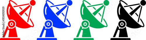 Four different color satellite dish communication antennas transparent background