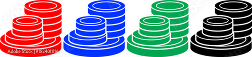 Stacks of coins or casino tokens presented in four color variants for financial growth metaphors
