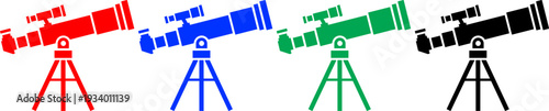 Four different color telescopes on tripods observing the stars transparent background