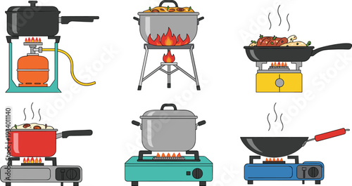 Cartoon Camping and Kitchen Cooking Stoves Collection with Gas Burners Pots Pans and Outdoor Fire Vector Illustration
