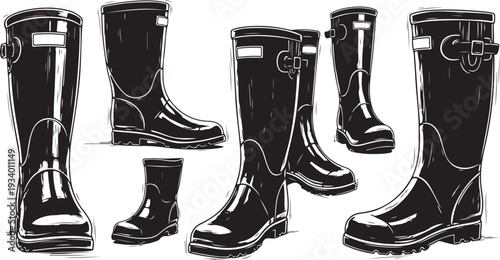 Collection of black rubber boots in various sizes shown