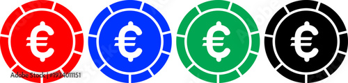 Euro casino chip icons in multiple colors with circular borders for gambling and finance concepts
