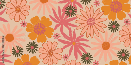 Retro Daisy Floral Pattern in Warm Earthy Tones and Soft Pastels flower