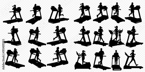 Collection of people running on treadmills, exercising for fitness and health, in silhouette vector set.