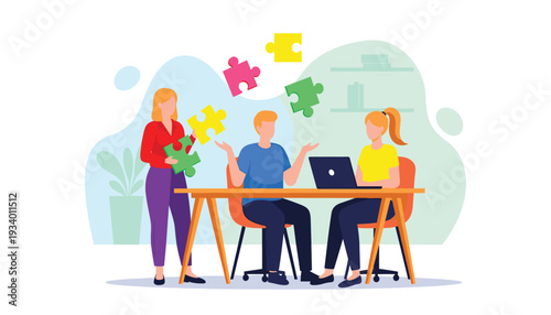 Creative team solving business problems and finding solutions represented by colorful flying puzzle pieces.
