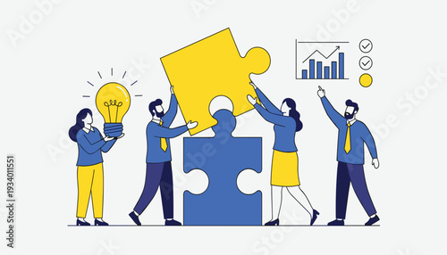 Creative team solving business problems and finding solutions represented by colorful flying puzzle pieces.