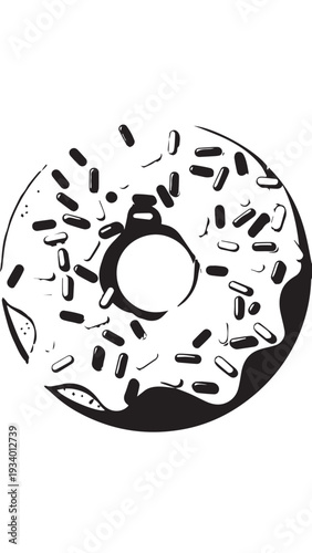 Chocolate glazed donut with colorful sprinkles resting on a clean white background.