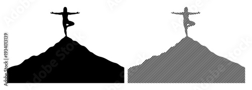 Silhouette of a person performing yoga on a mountaintop, symbolizing achievement and balance.