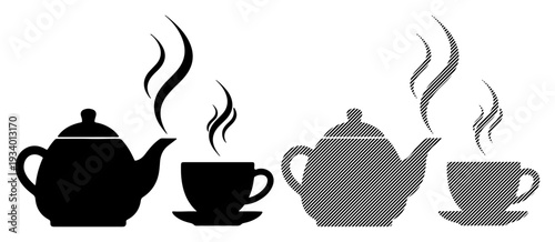 Two steaming teapots and cups, one black and one gray, on a white background.