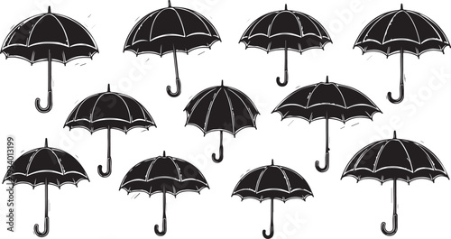 Collection of black umbrellas on white background illustration