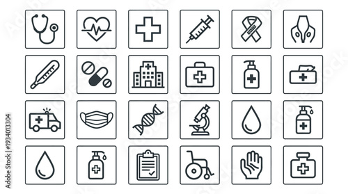 Comprehensive collection of sleek, minimalist outline vector icons representing essential medical and healthcare concepts, perfect for digital interfaces, app designs, and informational graphics