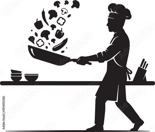 Active Healthy Chef Cooking Vegetables Silhouettes in Frying Pan