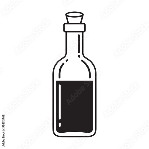 Illustration of a bottle with dark liquid and cork stopper on a white background, isolated graphic icon.