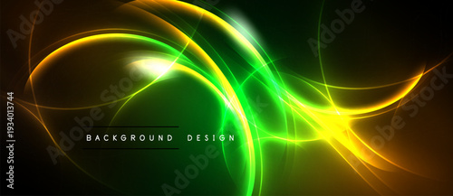 Abstract neon lines create dynamic energy. Vivid green, yellow hues dominate dark background. Modern design element.