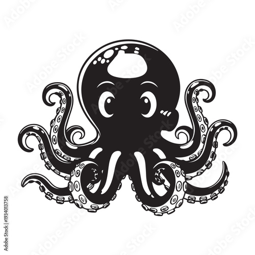 Playful cartoon octopus illustration with big eyes and curling tentacles against a white background.