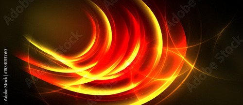 Abstract swirls, vibrant reds, golds dominate dark background. Dynamic energy radiates from flowing lines, creating intense visual impact.