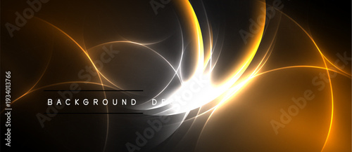 Abstract design features glowing lines, warm colors, dark background. Dynamic energy radiates from central bright point.
