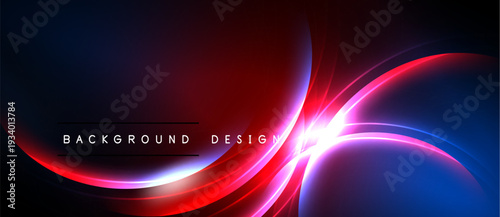 Abstract design features vibrant red, blue glows. Smooth curves create dynamic visual impact. Dark background enhances luminosity.