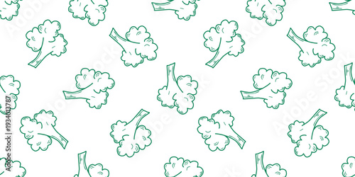 Broccoli florets seamless pattern in doodle sketch style. Hand drawn green vegetables on white background. Healthy organic food print, for product packaging, paper, and store. Vector graphics