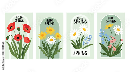 Four colorful spring flower illustrations with hello spring text on green backgrounds