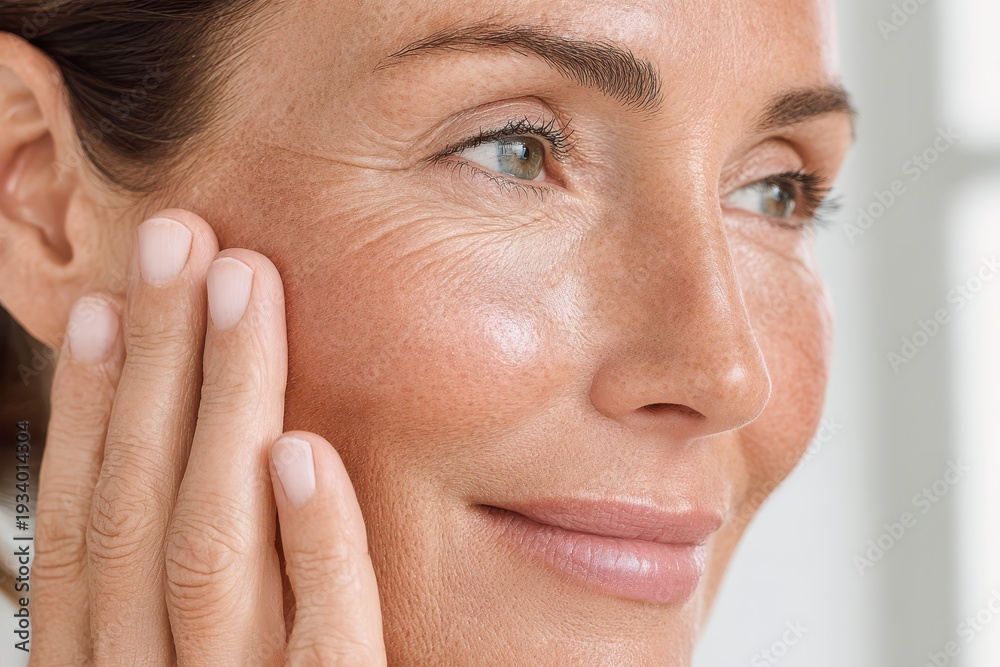 Obraz premium Close-up portrait of a mature woman with natural skin touching her face gently, smiling slightly while looking away in a bright, soft studio light setting.