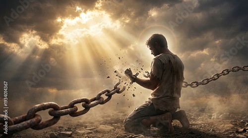 Freedom of person breaking chains under sky with God's presence concept. A man breaking free from chains, symbolizing liberation.