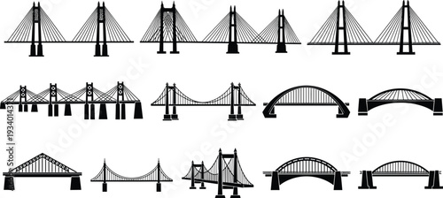 Bridge Silhouettes Collection Isolated on White Background, Suspension and Arch Bridges Black Vector Illustration Set, Infrastructure Architecture Design Elements