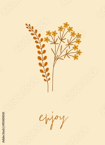 Floral botanical card. Spring field flower branches, wildflowers, herb sprays and sprigs, abstract monochrome poster, minimalistic nature postcard design. Flat vector illustration