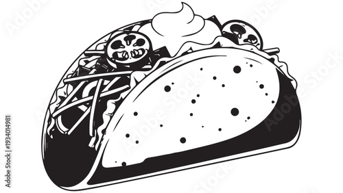 Illustration of a tasty taco with fillings in a soft tortilla.