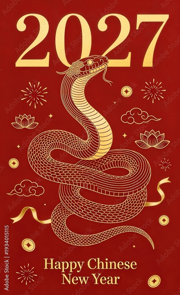 Fototapeta premium 2027 Chinese New Year of the Snake banner template with modern line art golden snake on red background design Happy Holidays greeting card invitation Chinese Happy New Year