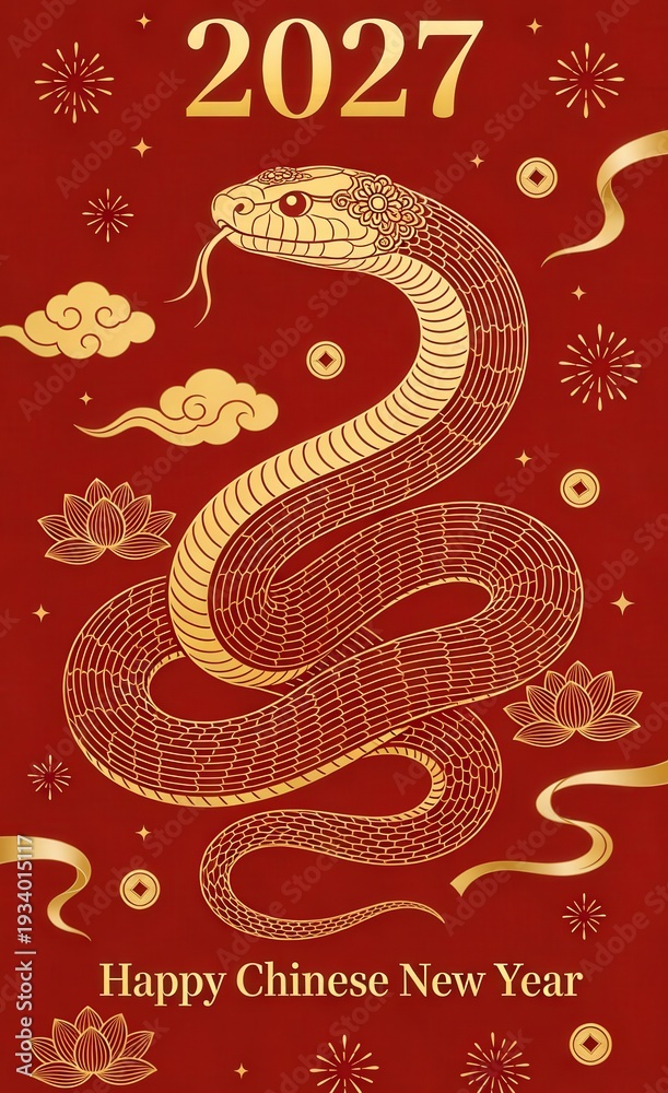 Obraz premium 2027 Chinese New Year of the Snake banner template with modern line art golden snake on red background design Happy Holidays greeting card invitation Chinese Happy New Year