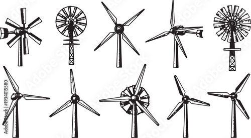 Various Wind Turbines and Renewable Energy Illustrations Collection