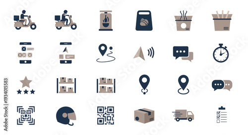 Food delivery and logistics icons set. Online order tracking, scooter courier, warehouse storage, shipping truck, and fast food packaging concept. Flat vector illustration elements isolated on white.