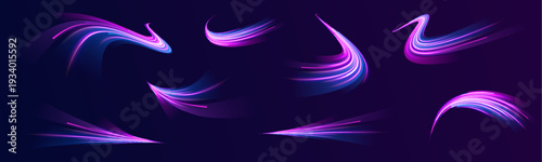 Magenta light streaks sweep across dark space. Glowing trails express acceleration and innovation. Modern technological illustration prepared in transparent PNG.